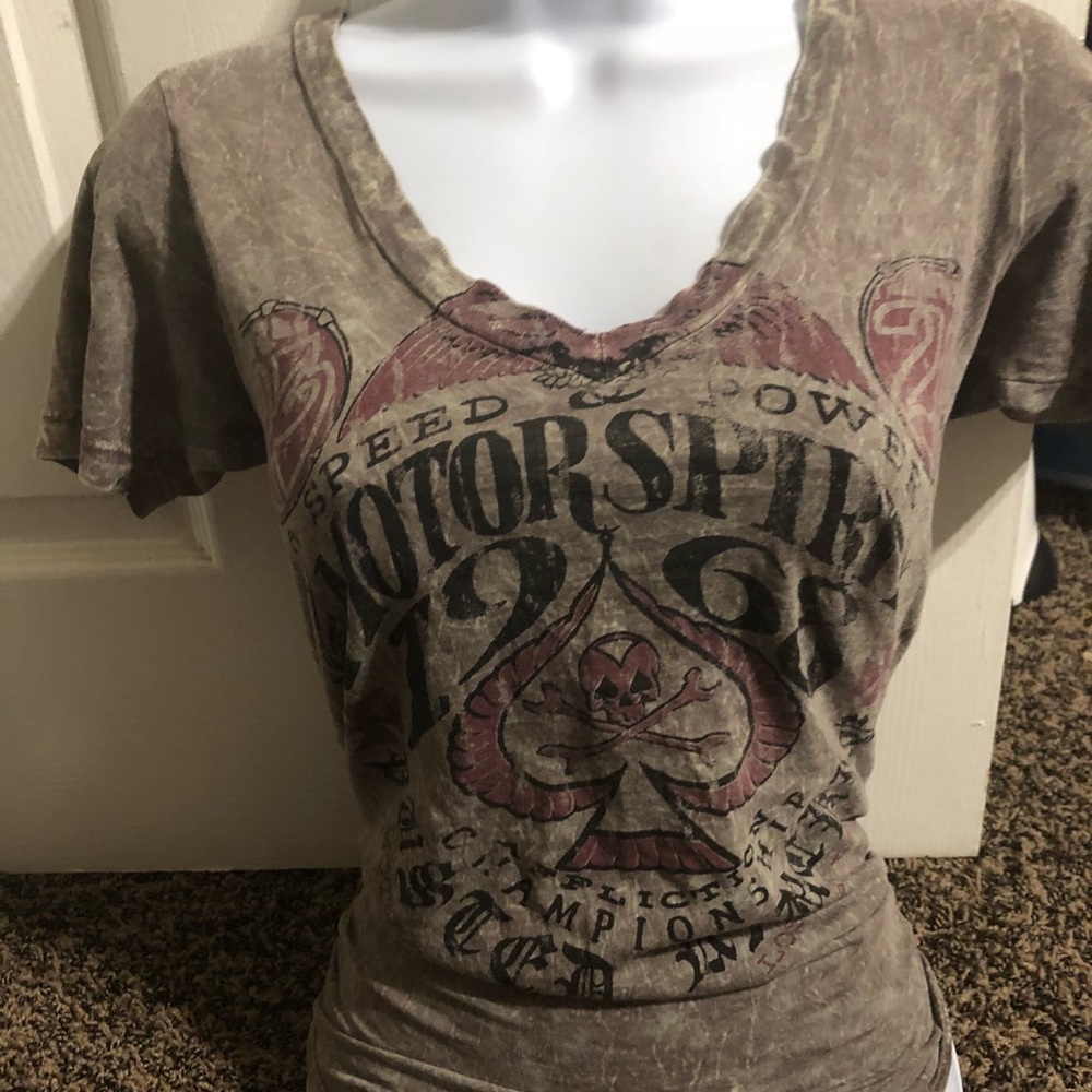 Shredded zipper back affliction shirt